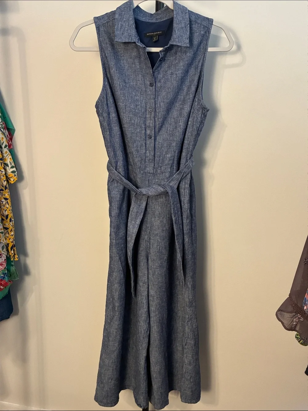 Banana Republic Blue Linen Blend Chambray Wide Leg Sleeveless Jumpsuit Size 8p